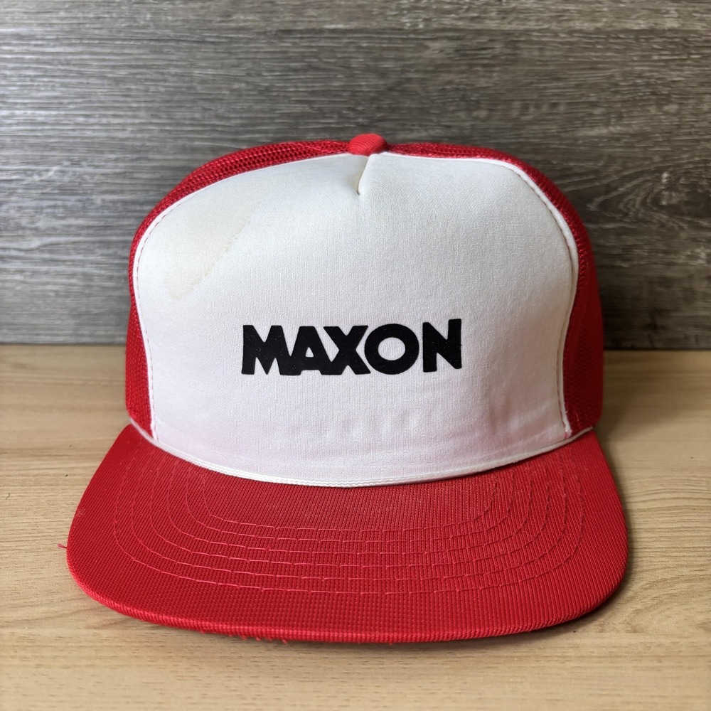 Vintage Maxon Hat Cap Snap Back Red White Mesh Trucker Advertising Mens 80s